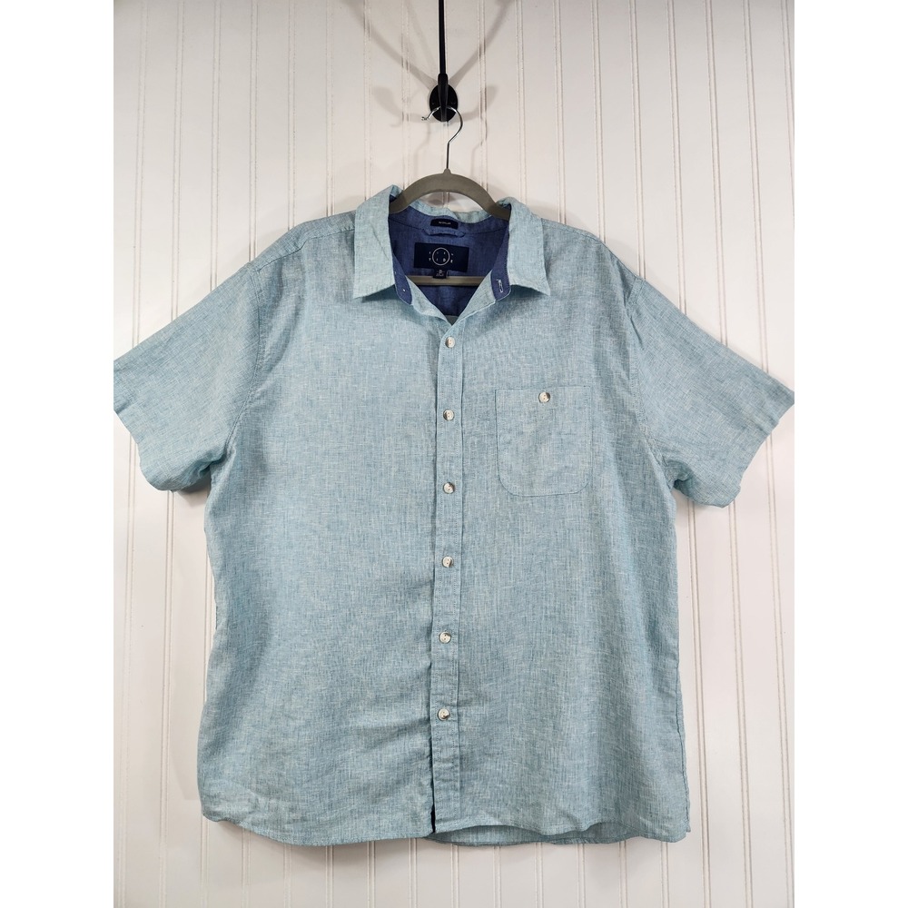 Even Tide Mens XL Linen Cotton Blend Short Sleeve Button‎ Down Shirt Light Blue
